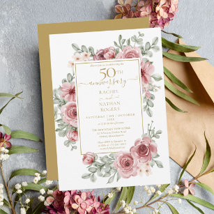 Invitation Floral Dusty Rose 50e Anniversaire Mariage d'or