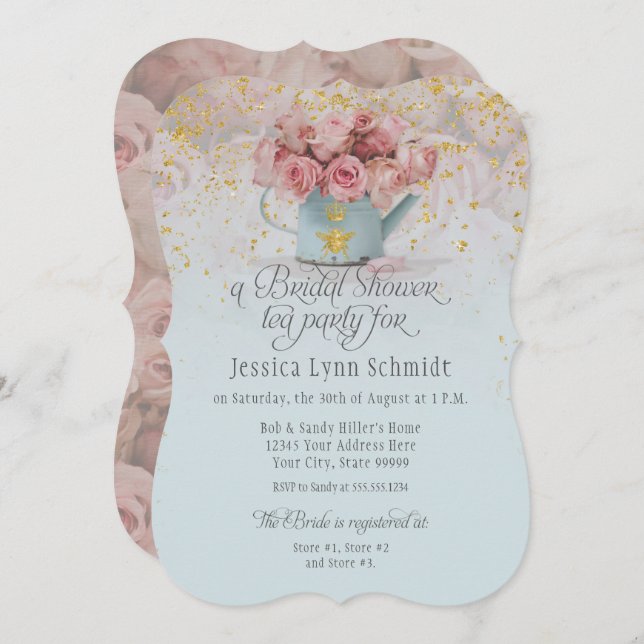 Invitation Floral Dusty Rose Gold Blue Fête des mariées Thé (Devant / Derrière)