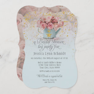 Invitation  Floral Dusty Rose Gold Blue Fête des mariées Thé