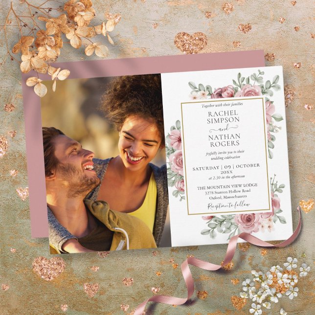 Invitation Floral Dusty Rose Gold Photo Mariage (Floral Dusty Rose Gold Photo Wedding Invitation)