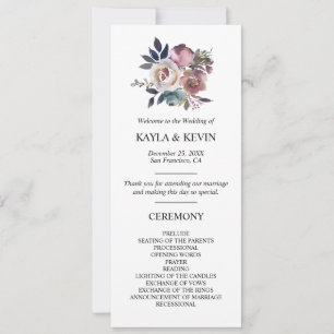 Invitation Floral Dusty Rose Mauve Marine Blue Mariage cérémo