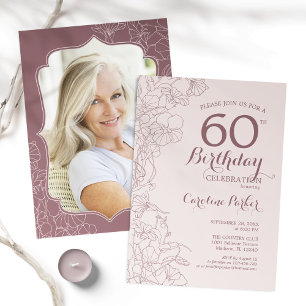Invitation Floral Dusty rose Photo 60e fête d'anniversaire