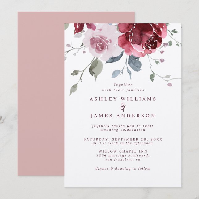 Invitation Floral Dusty Rose Rose Mariage Bourgogne (Devant / Derrière)