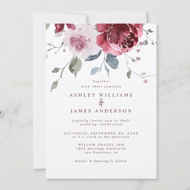 Invitation Floral Dusty Rose Rose Mariage Bourgogne (Devant)