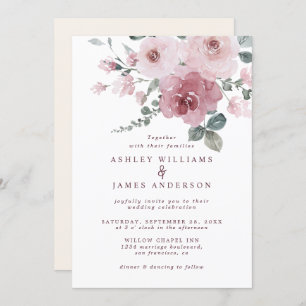 Invitation Floral Dusty Rose Rose Mariage d'ivoire Bourgogne
