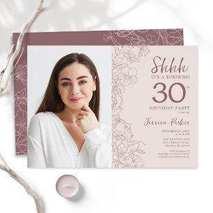 Invitation Floral Dusty rose Surprise Photo 30e anniversaire