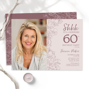 Invitation Floral Dusty rose Surprise Photo 60e anniversaire