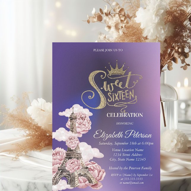 Invitation Floral Eiffel Tower Violet Sweet 16 (Créateur téléchargé)