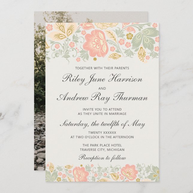 Invitation Floral Elegance Peach Blush Sage Classic Mariage (Devant / Derrière)