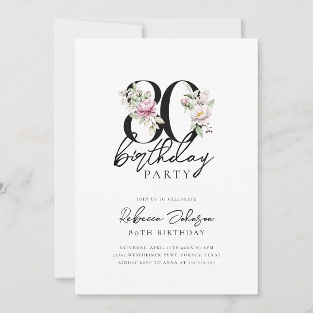 Invitation Floral Elegant 80e anniversaire (Devant)