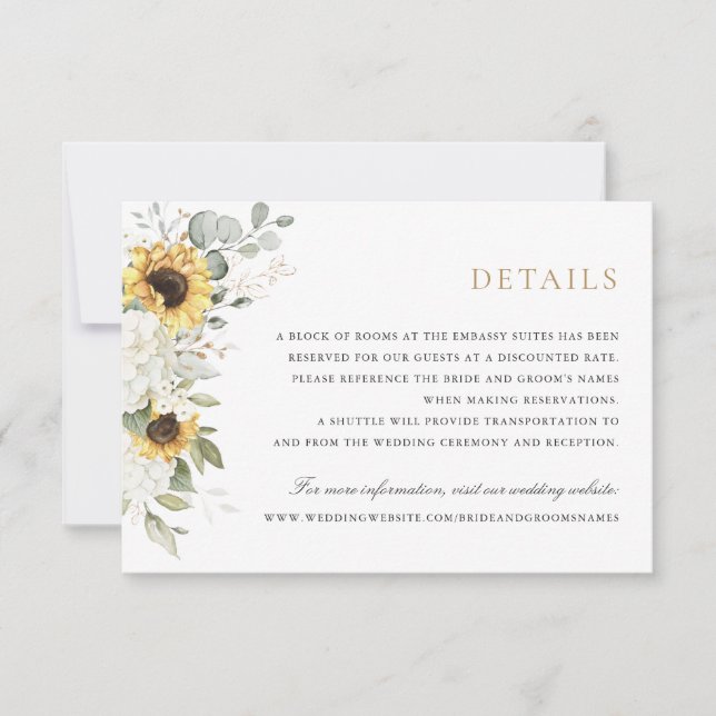 Invitation Floral Elegant Blanc Hydrangea Sunflowers Détails (Devant)