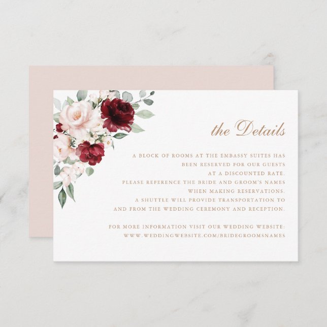 Invitation Floral Elegant Blush Bourgogne Détails du Mariage (Devant / Derrière)