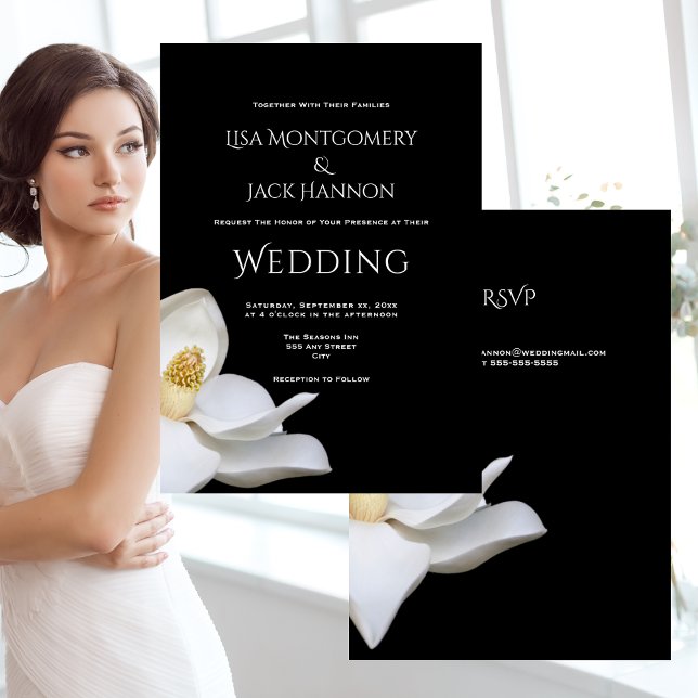 Invitation Floral élégant de Magnolia blanc sur Mariage noir (White Magnolia Elegant Floral on Black Wedding Invitation With RSVP)