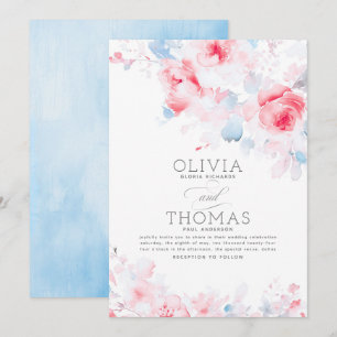Invitation Floral Elegant Dusty Bleu et Mariage rose