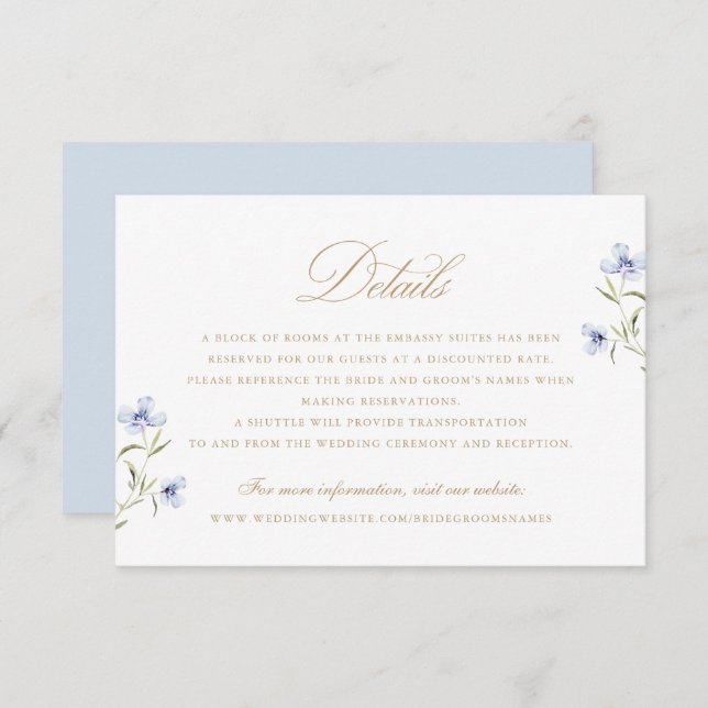 Invitation Floral Elegant Dusty Blue Gold Détails du Mariage (Devant / Derrière)