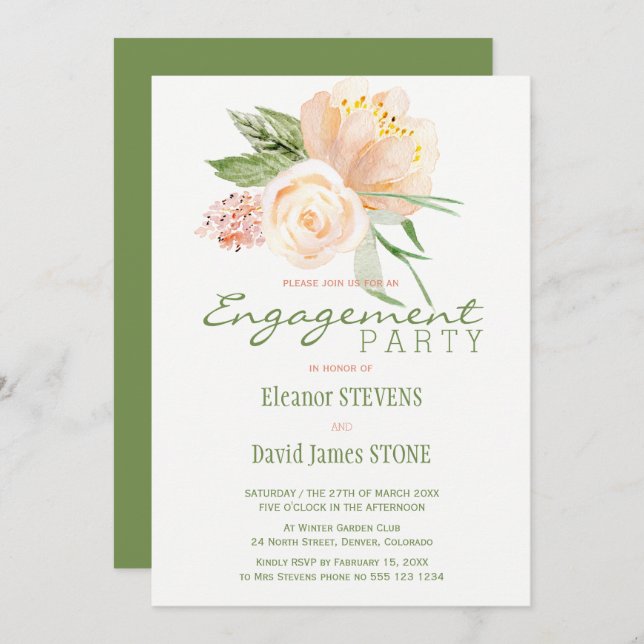 Invitation floral élégant fiançailles d'or de pêch (Devant / Derrière)