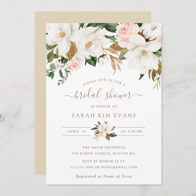 Invitation Floral Elegant Magnolia Blush Fête des mariées bla (Devant / Derrière)