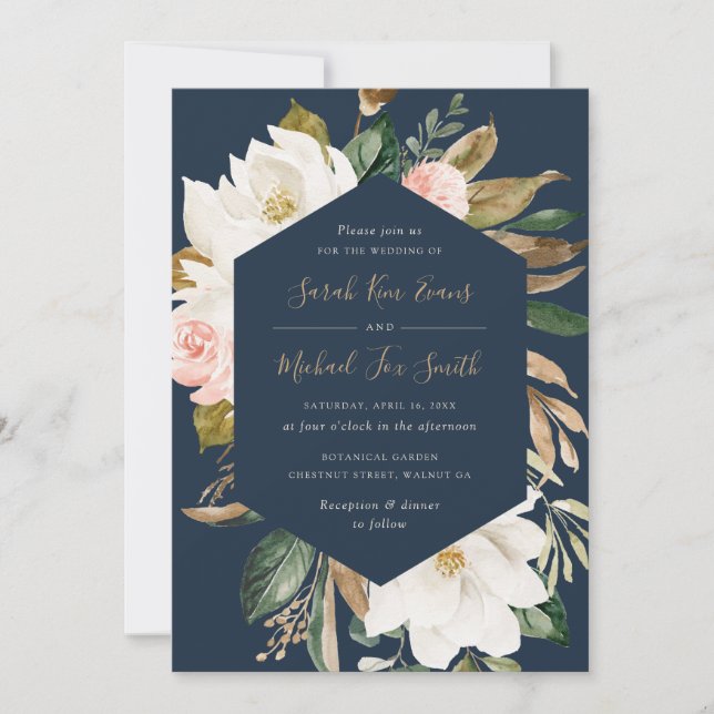 Invitation Floral Elegant Magnolia Blush Navy Mariage neutre (Devant)