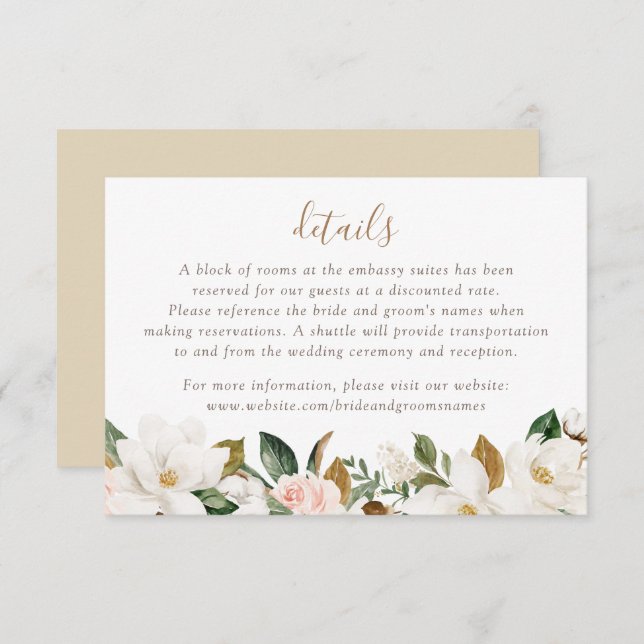 Invitation Floral Elegant Magnolia Blush Pink Neutral Détails (Devant / Derrière)