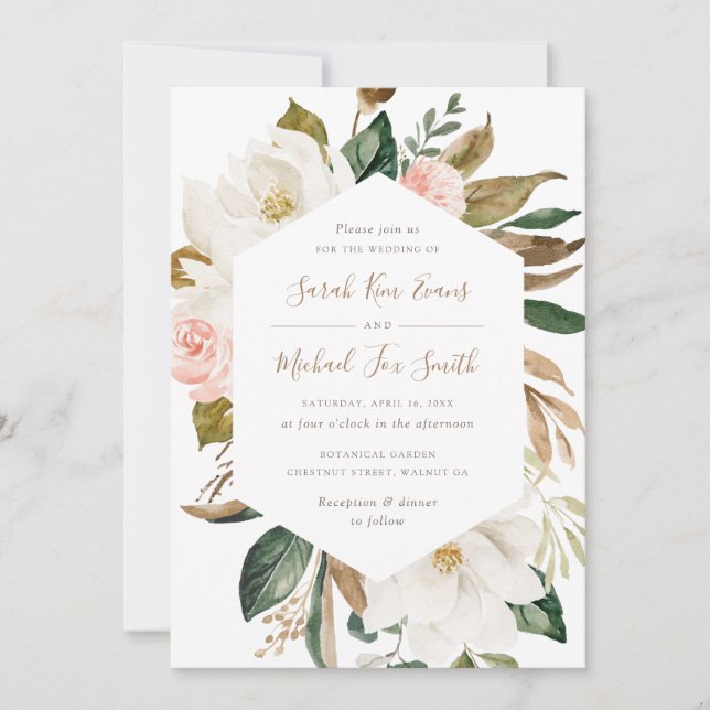 Invitation Floral Elegant Magnolia Blush rose Neutral Mariage (Devant)