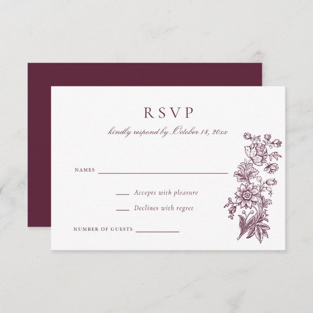 Invitation Floral Elégant Mariage Vintage Bourgogne RSVP (Devant / Derrière)