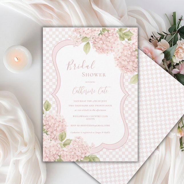 Invitation Floral Elegant Pink Hydrangea Plaid Bridal Shower (Créateur téléchargé)