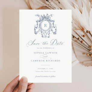 Invitation Floral Elegant Rose Crest Blue Date de sauvegarde