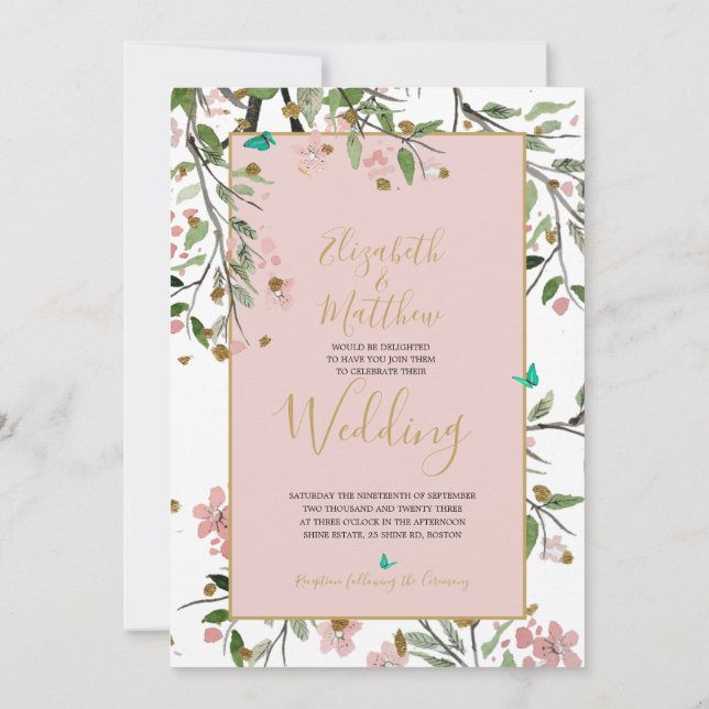 Invitation Floral Elegant Rose or Chinoiserie Mariage (Dos)