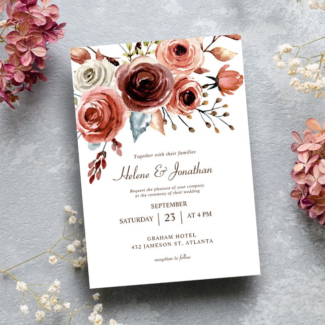 Invitation Floral Elegant Rustique Bourgogne Mariage (Floral Elegant Rustic Burgundy Wedding Invitation)