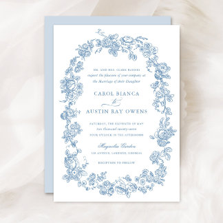 Invitation Floral Élégant Vintage Bleu Rose Mariage