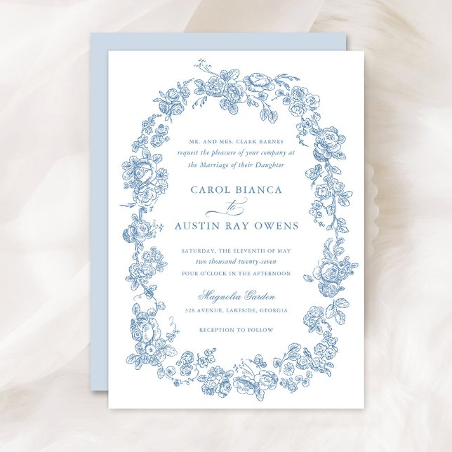 Invitation Floral Élégant Vintage Bleu Rose Mariage (Créateur téléchargé)