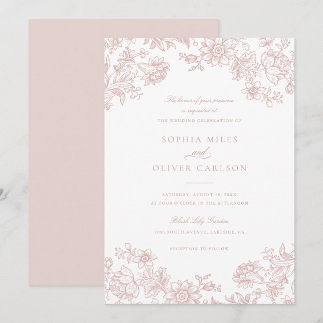 Invitation Floral Elegant Vintage Blush Mariage Rose (Devant / Derrière)