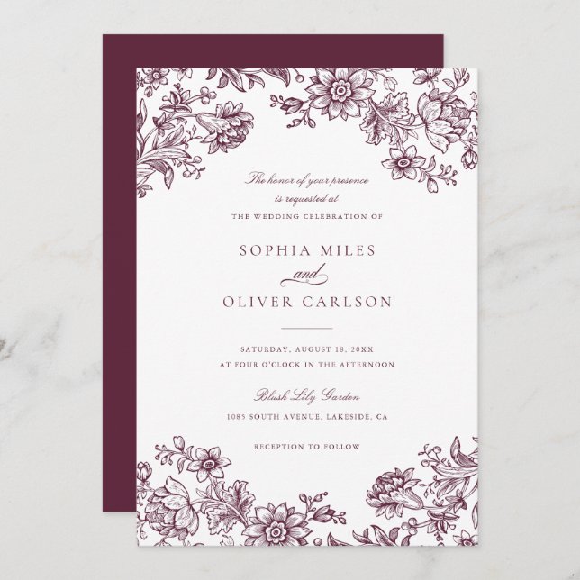 Invitation Floral Elegant Vintage Bourgogne Mariage (Devant / Derrière)