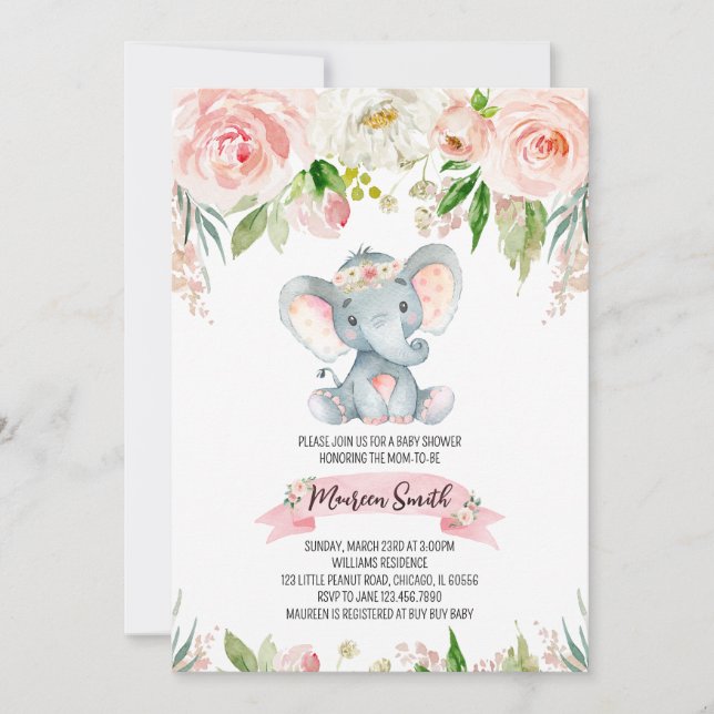 Invitation Floral Elephant Baby Shower (Devant)