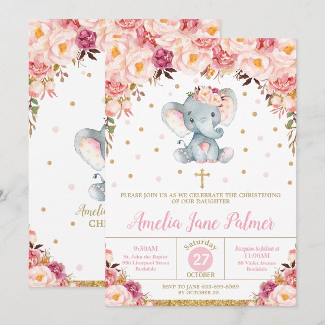 Invitation Floral Elephant Christening Baptême Girl (Devant / Derrière)