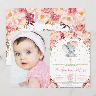 Invitation Floral Elephant Christening Baptême Girl Photo