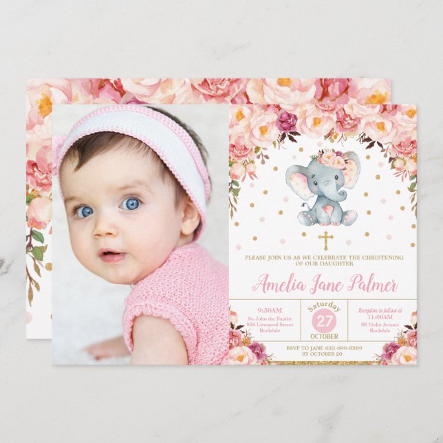 Invitation Floral Elephant Christening Baptême Girl Photo (Devant / Derrière)