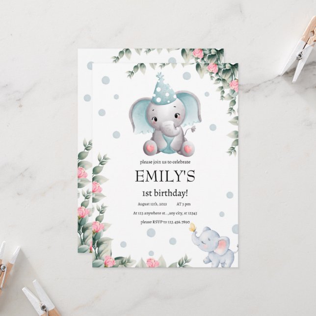 Invitation Floral Elephant Wild Un 1er anniversaire fille (Devant/Arrière en situation)
