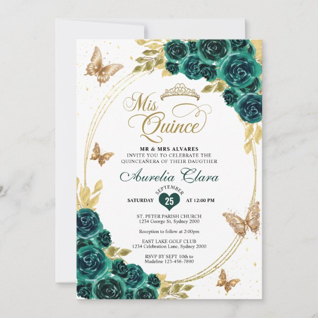 Invitation Floral Emerald Gold Tiara Butterfly Quinceañera (Devant)