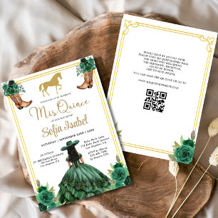 Invitation Floral Emerald Green Boots Horse Quinceanera