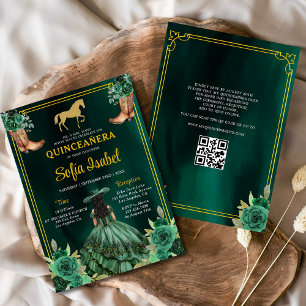 Invitation Floral Emerald Green Boots Horse Quinceanera