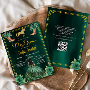 Invitation Floral Emerald Green Boots Horse Quinceanera