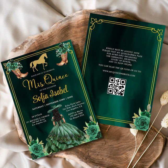 Invitation Floral Emerald Green Boots Horse Quinceanera (Créateur téléchargé)