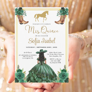 Invitation Floral Emerald Green Boots Horse Quinceanera