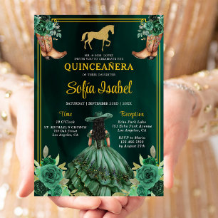 Invitation Floral Emerald Green Boots Horse Quinceanera