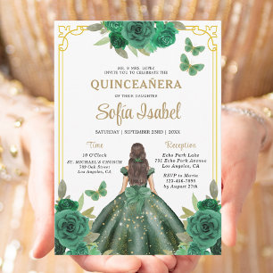 Invitation Floral Emerald Green Butterfly Quinceanera