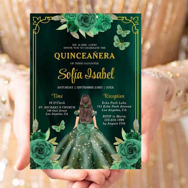 Invitation Floral Emerald Green Butterfly Quinceanera (Créateur téléchargé)