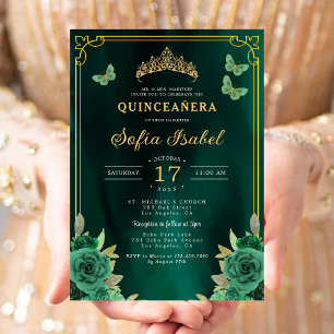 Invitation Floral Emerald Green Butterfly Quinceanera