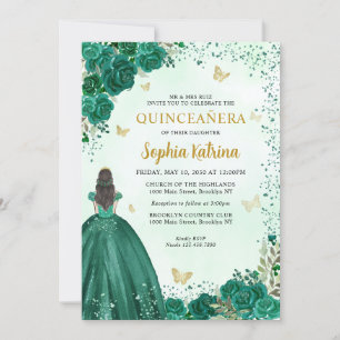 Invitation Floral Emerald Green Gold Princess Quinceanera