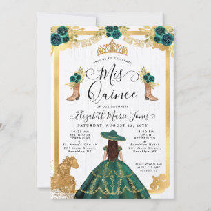 Invitation Floral Emerald Green Gold Tiara Charra Quinceanera